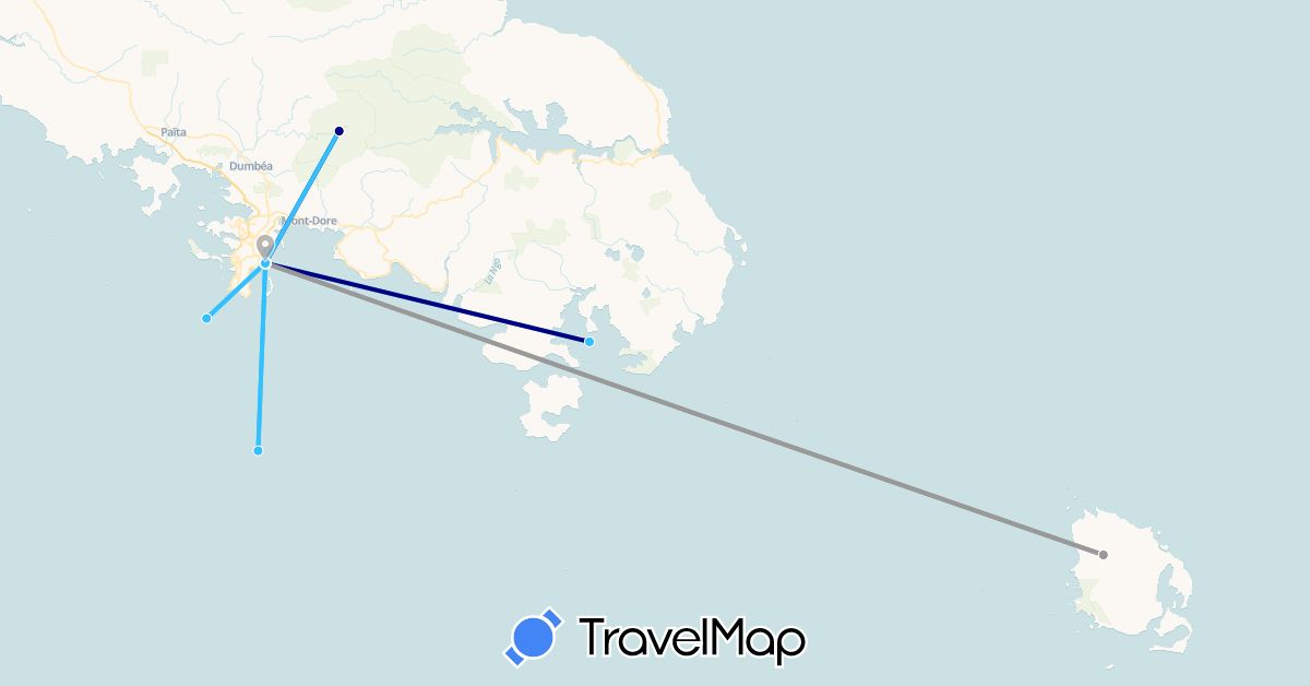 TravelMap itinerary: driving, plane, boat in New Caledonia (Oceania)